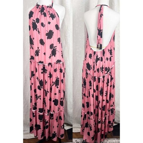 Kate Spade halter cover up maxi dress open back pink/black floral ruffles Small - Picture 3 of 7